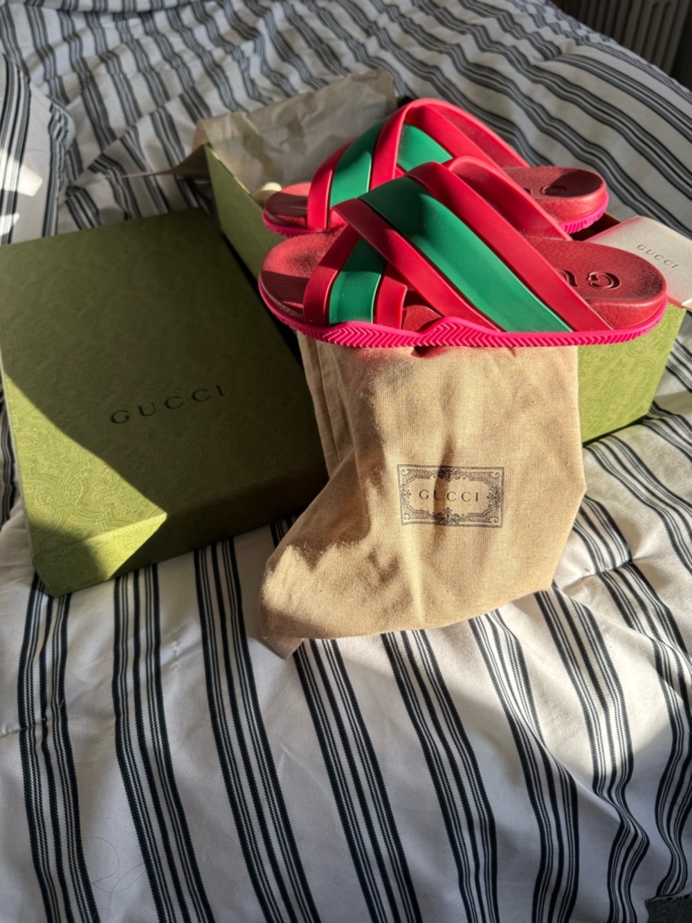 Gucci Hot Pink and Green Crisscross Slide Sandals